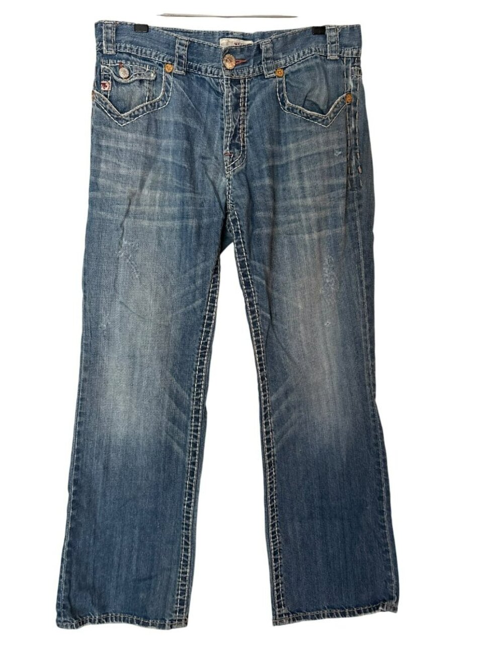 MEK Denim Lincoln Button Fly Bootcut Jeans Distressed Light Wash Size 36x34